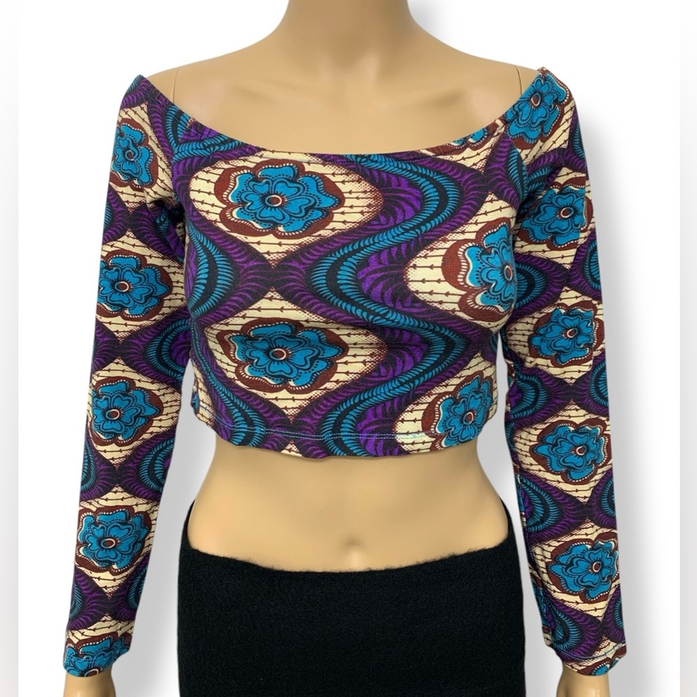 FARM Rio Floral Purple Blue Long-sleeve Crop Top Fitted Blouse Women’s size L